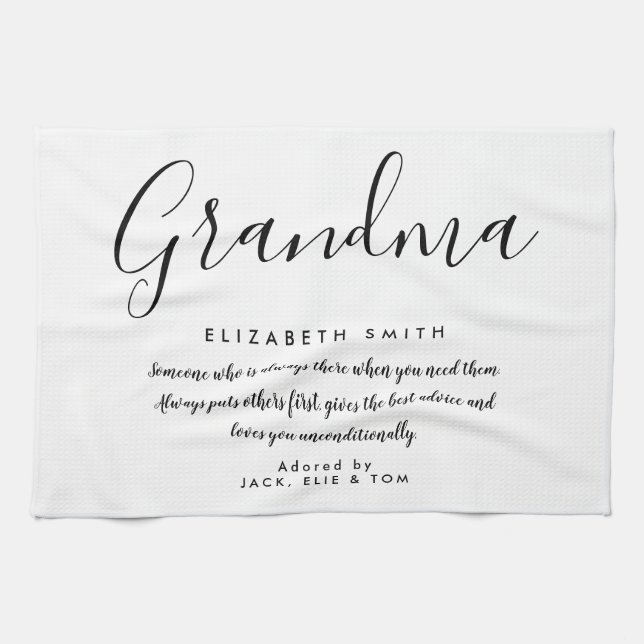 Oma Quote Elegantes Skript Schwarz und Weiß Geschirrtuch (Horizontal)