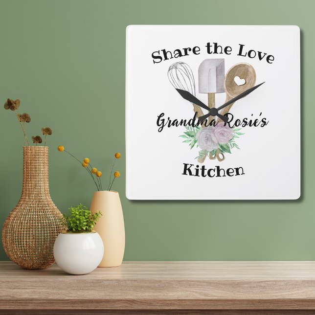 Oma Recipes | Teilen Sie die Liebe Personalisiert Quadratische Wanduhr (Grandma's Kitchen Custom Share the Love clock with her name and watercolor kitchen utensils.)