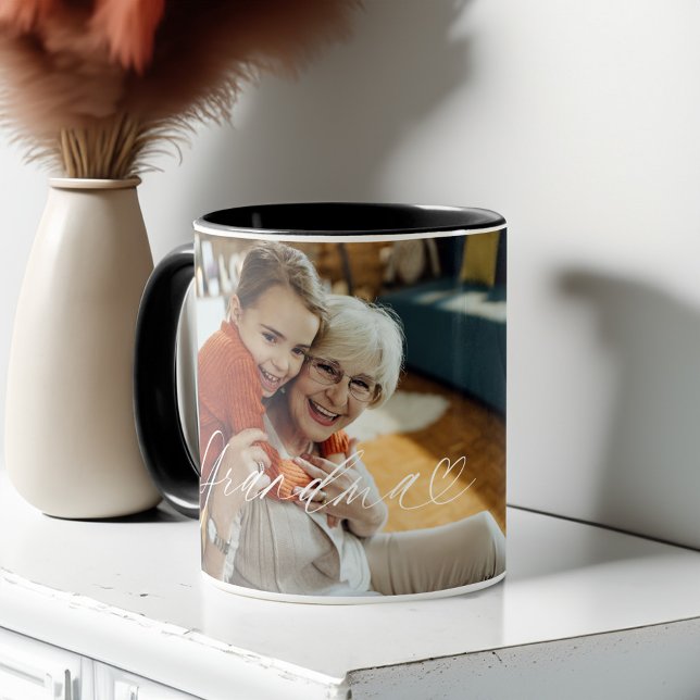 Oma Script Herzlichen Dank jeden Augenblick Foto Tasse (Grandma Script Heart Grateful Every Moment Photo Mug)