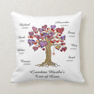 Oma Tree (Herzen) auf Weiß mit 8 Namen/Daten Kissen