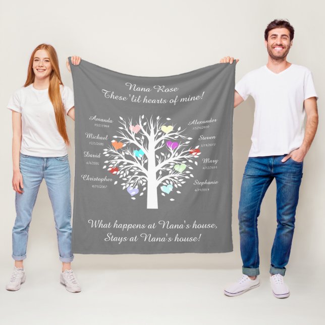 Oma Tree (Herzen), White/Gray 8 Namen & Daten Fleecedecke (Beispiel)