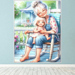 Oma und Enkelin umarmen sich auf der Veranda Leinwanddruck