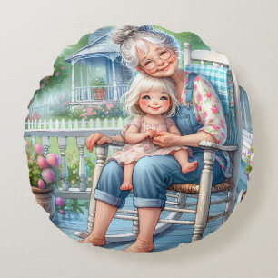 Oma und Enkelin umarmen sich auf der Veranda Rundes Kissen