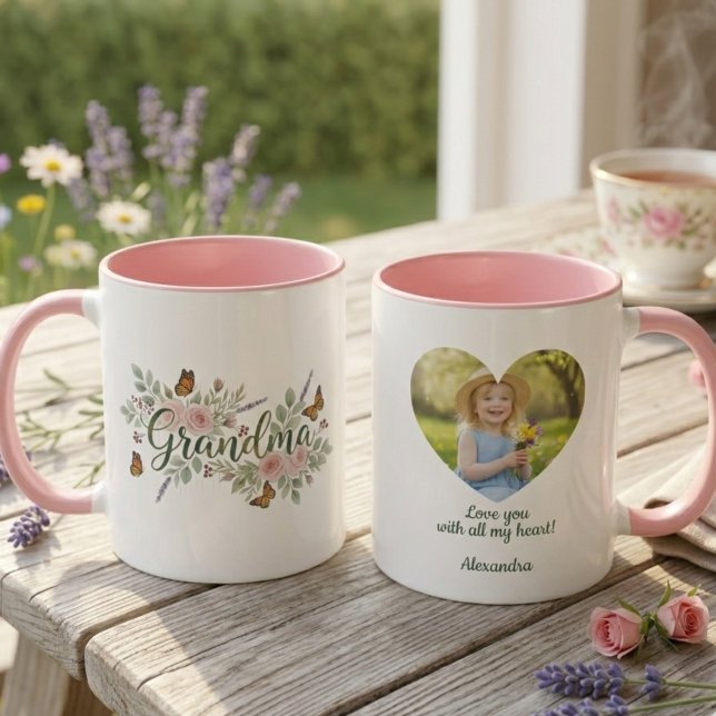 Oma-Wasserfarben-Blumen-Geschenk Tasse (Personalized photo heart grandma coffee mug)