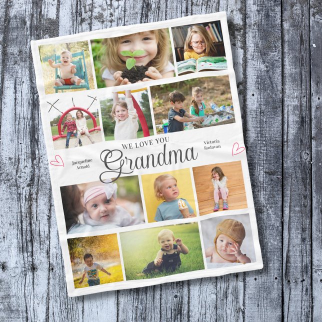 Oma Wir Liebe Sie Personalisiert Herzen Fleecedecke (Personalized Grandma we love you fleece blanket with 12 photos and custom text)