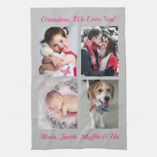 "Oma, wir lieben dich!" 4 Fotos, Hellgrau & Rosa Geschirrtuch