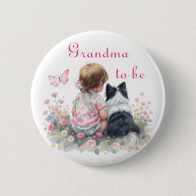 Oma wird | Rosa Baby- und Welpen-Babyparty Button (Vorderseite)
