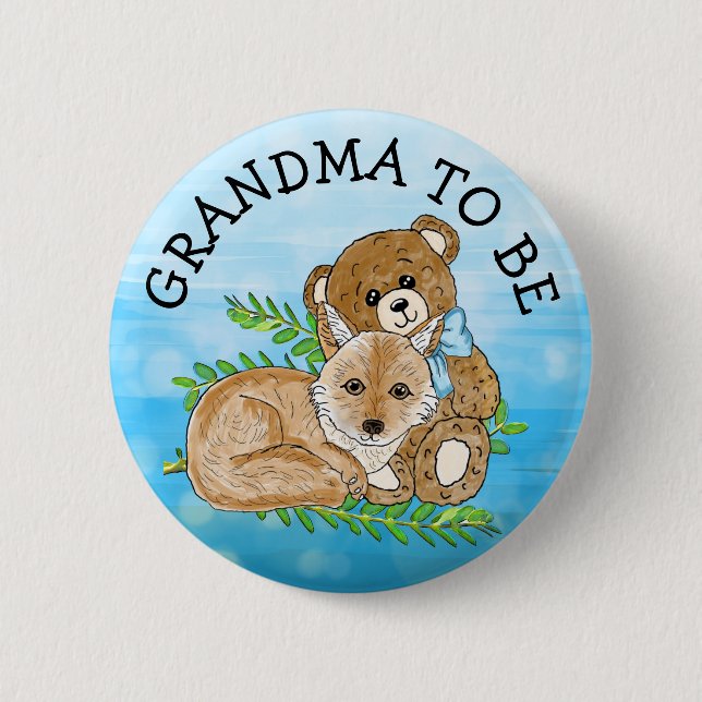 Oma zu Fox und Teddy Bear Baby Shower Button (Vorderseite)