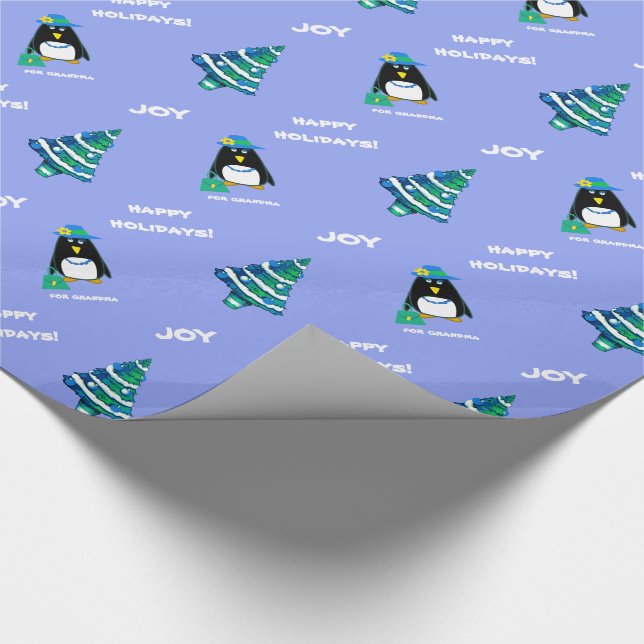 Oma zu Weihnachten. Fun Lady Penguin Geschenkpapier (Ecke)