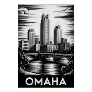 Omaha Nebraska Skyline Schwarz Weiß Holzschnitt Poster