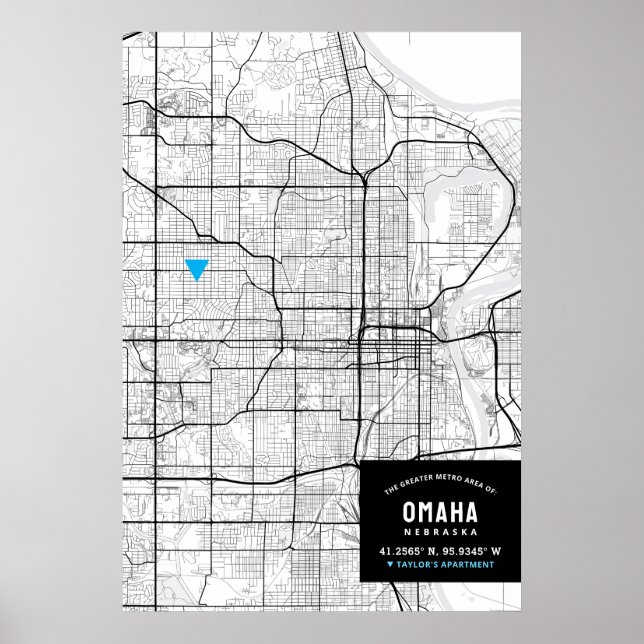 Omaha, Nebraska Stadtkarte + Ort markieren Poster (Vorne)