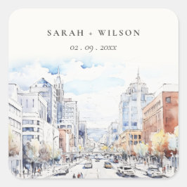 Omaha Nebraska Watercolor Landscape Wedding Quadratischer Aufkleber
