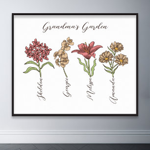 Oma's Garden Blume 4 Grandkids Name Floral Poster