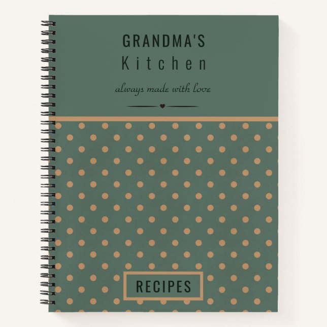 Oma's Kitchen Blue mit Tan Polka Dots Rezept Notizbuch (Vorderseite)
