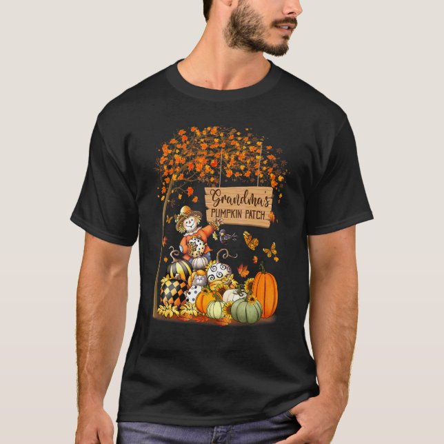 Omas Kürbisfeld Herbstlaub Vogelscheuche Als T-Shirt (Vorderseite)