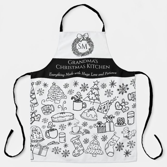 Omas personalisierter Weihnachts-Doodle-Backapress Schürze (Vorderseite)