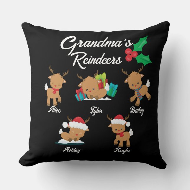 Oma's Rentier 5 Custom Grandkids heißt Weihnachten Kissen (Vorderseite)