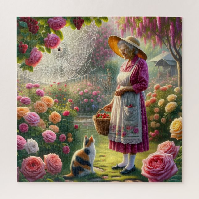 Omas Rosengarten Bunter Kater & Blumenszene Puzzle (Vertikal)