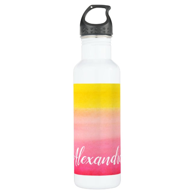Ombre Aquarell Individuelle Name Rosa und Gelb Fla Trinkflasche (Vorderseite)