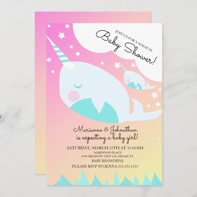 Ombre Baby Shower Narwhale und Baby Magical Invita Einladung (Vorne/Hinten)