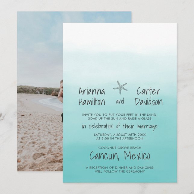 Ombre Beach Destination Ocean Starfish Wedding Einladung (Vorne/Hinten)