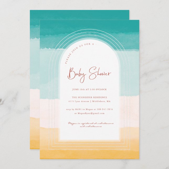 Ombre Beach Sun & Sand | Rainbow Baby Dusche Einladung (Vorne/Hinten)