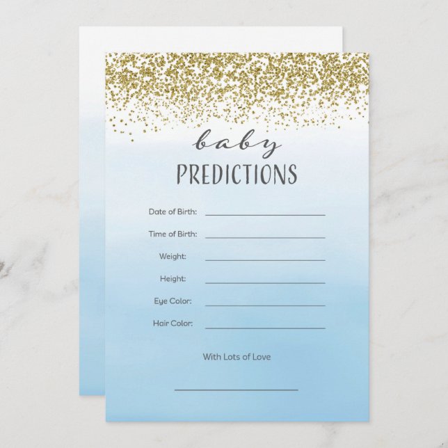 Ombre Blue and Gold Baby Predictions Card Einladung (Vorne/Hinten)