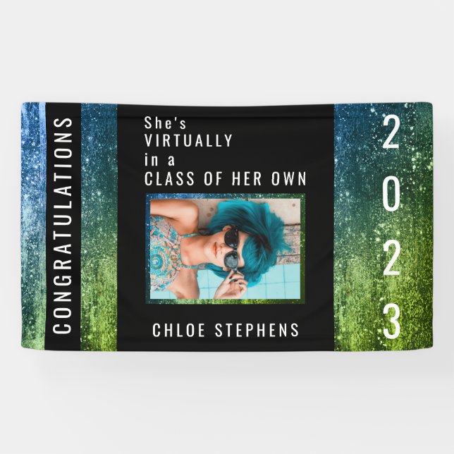 Ombre Blue | Grüne Imitate Glitzer Foto Abschluss Banner (Horizontal)