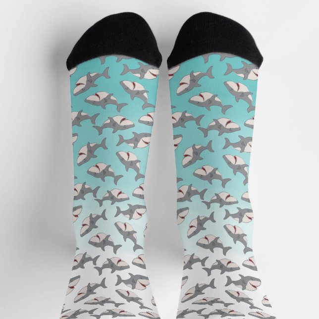 Ombre Blue Niedlich Cartoon Shark Week Muster Socken (Oben)