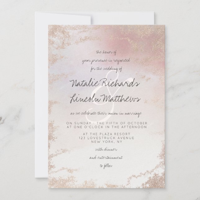Ombre Blush Pink Mattiert Foil Wasserfarbe Hochzei Einladung (Vorderseite)