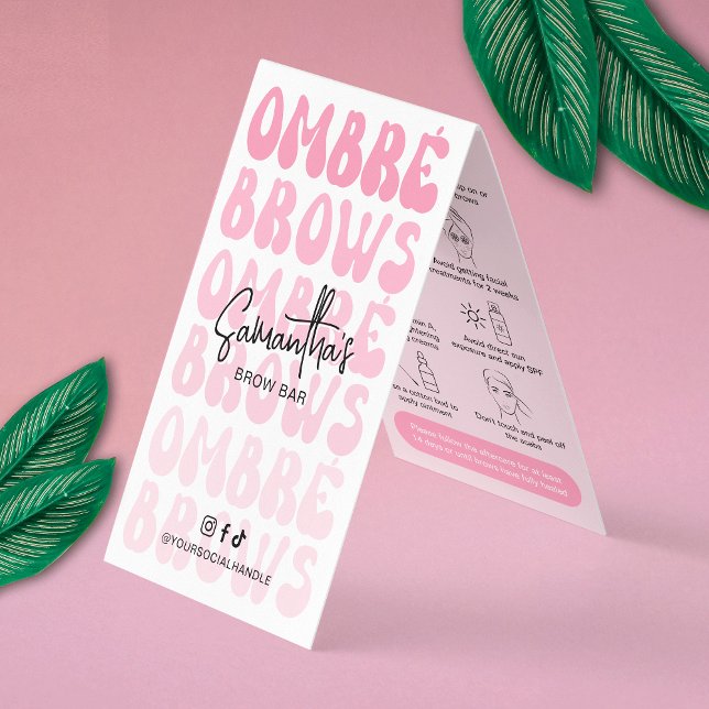 Ombré Brows nach Pflege Retro-Rosa Logo Pulver Bro Visitenkarten (Trendy and chic powder brows aftercare cards with retro fonts in a girly pink design)