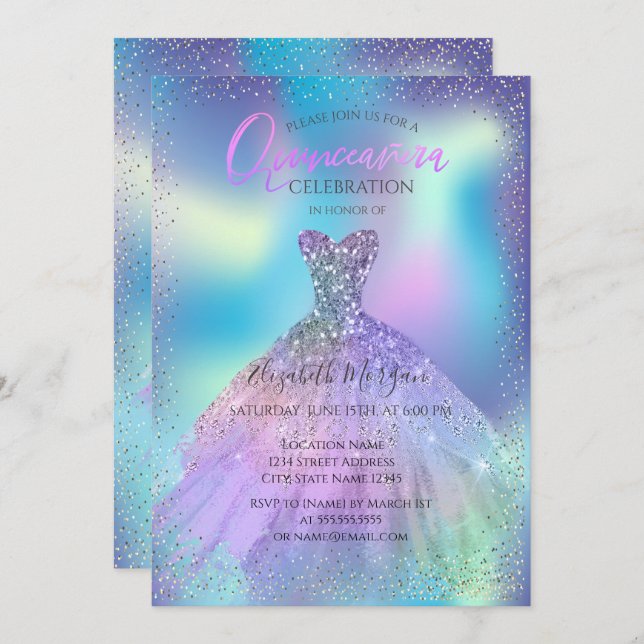 Ombre Dress, Confetti Holographic Quinceañera Einladung (Vorne/Hinten)