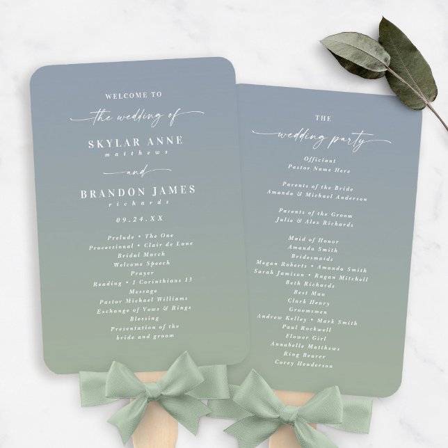 Ombre Dusty Blue & Green Wedding Zeremony Program Fächer (Von Creator hochgeladen)