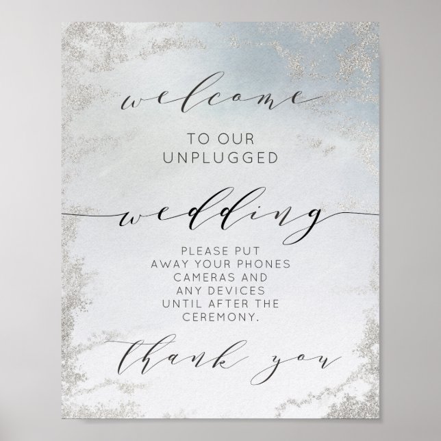 Ombre Dusty Blue Luxe Unplugged Wedding Table Sign Poster (Vorne)