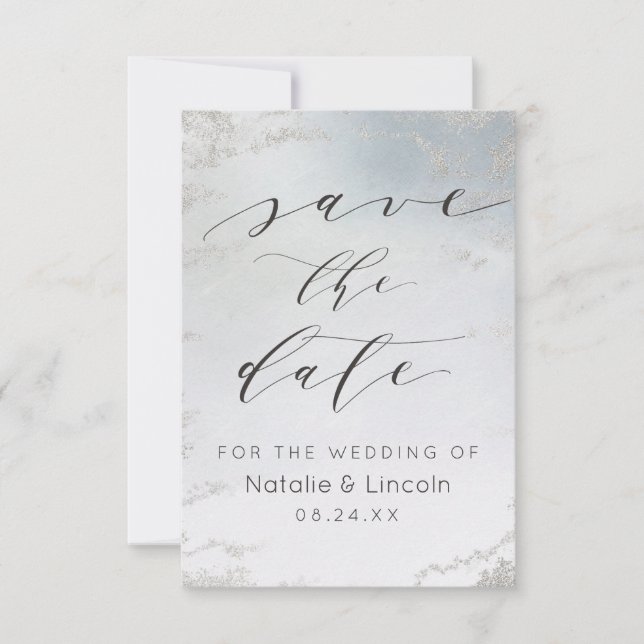 Ombre Dusty Blue Mattiert Silver Foil Chic Wedding Save The Date (Vorderseite)