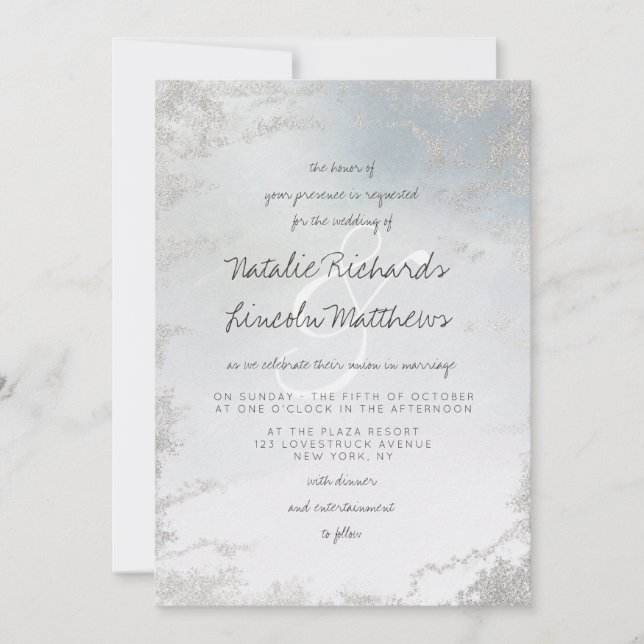 Ombre Dusty Blue Mattiert Silver Foil Luxe Wedding Einladung (Vorderseite)