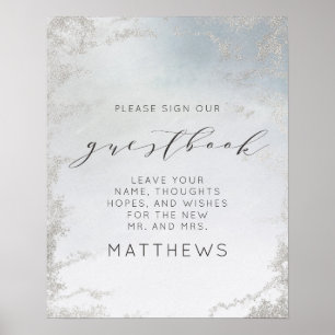 Ombre Dusty Blue Mattiert Silver Guestbook Sign Poster