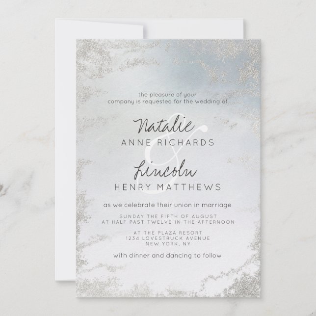 Ombre Dusty Blue Mattiert Silver Modern Wedding Einladung (Vorderseite)