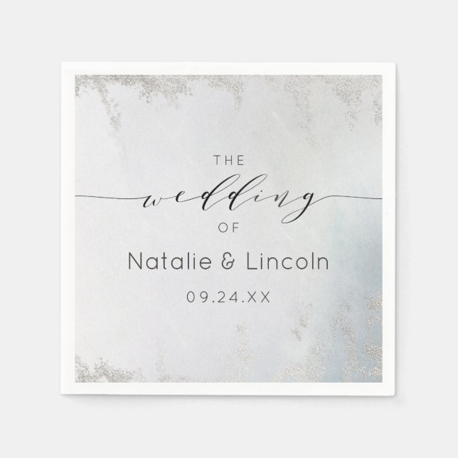 Ombre Dusty Blue Mattiert Silver Wedding Monogram Serviette (Vorderseite)