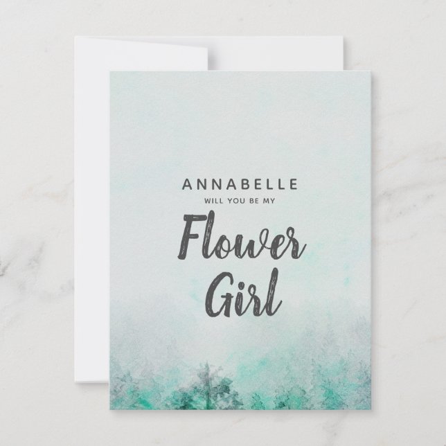 Ombre Forest Watercolor wirst du mein Blumenmädche Einladung (Vorderseite)