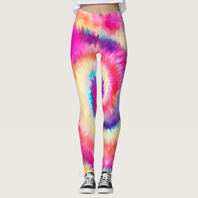 Ombre Gefärbte Krawatte Rainbow Swirl Rosa Gelb Leggings (Vorderseite)