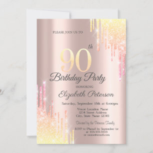 Ombre Glitter Drips Roségold 90. Geburtstagsfeier Einladung