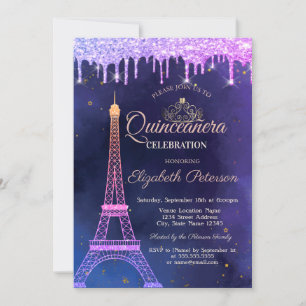 Ombre Glitzer Eiffel Tower Tiara Tropfens Quinceañ Einladung