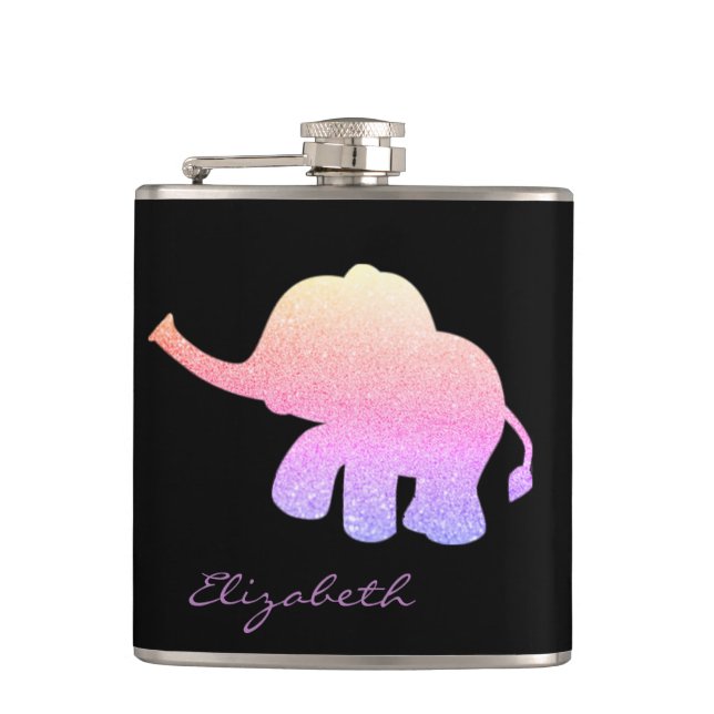 Ombre Glitzer Elephant, Schwarz - Personalisiert Flachmann (Vorderseite)