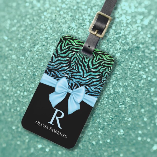 Ombre Glitzer Zebra Blue Bow Monogram Gepäckanhänger (Von Creator hochgeladen)