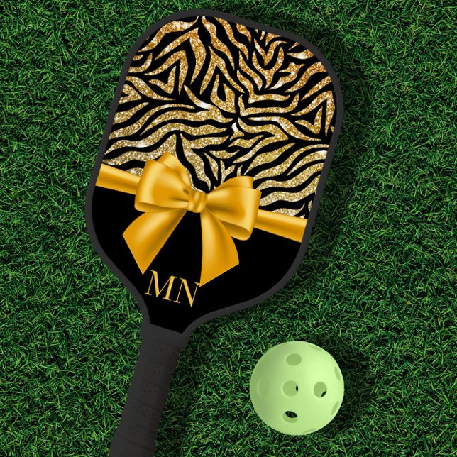 Ombre Glitzer Zebra Gold Bow Mit Monogramm Pickleball Schläger (Von Creator hochgeladen)