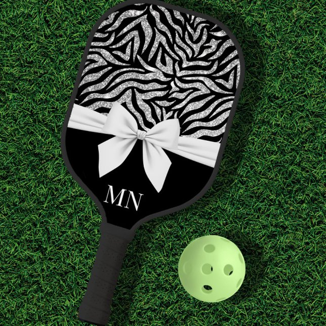 Ombre Glitzer Zebra White Bow Mit Monogramm Pickleball Schläger (Von Creator hochgeladen)