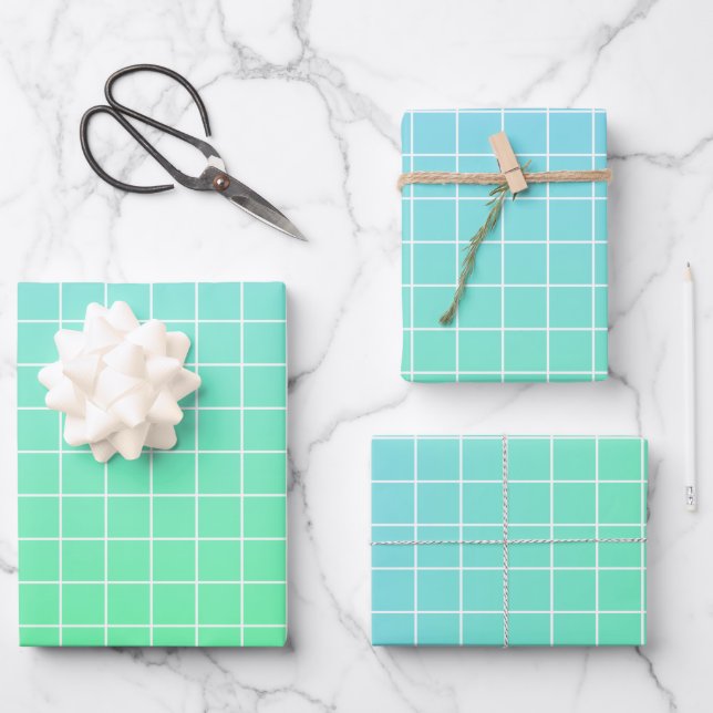 Ombre Green Aquamarin Blue Grid Pattern Geschenkpapier Set (Vorderseite)