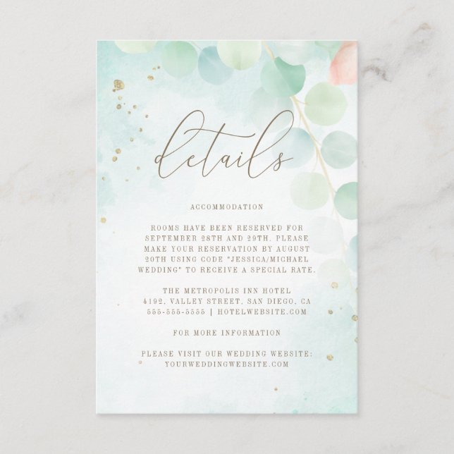 Ombre Greenery Eucalyptus Monogram Wedding Details Begleitkarte (Vorderseite)