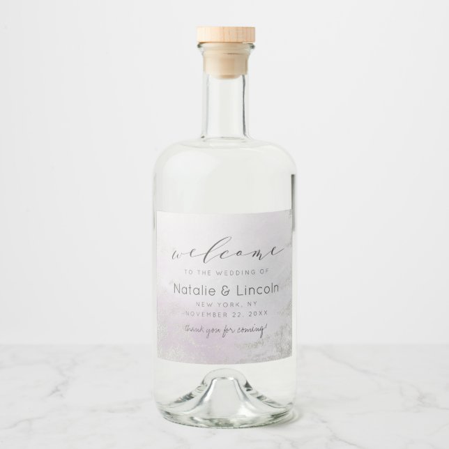 Ombre Lavender Lila Silberstreifen Hochzeit Alkoholflaschenetikett (Vorderseite)